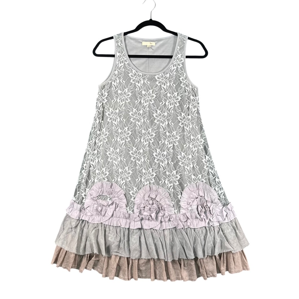 RYU Anthropologie Lace Overlay Dress Women S Gray Ruffle Hem Indie Boho Romantic